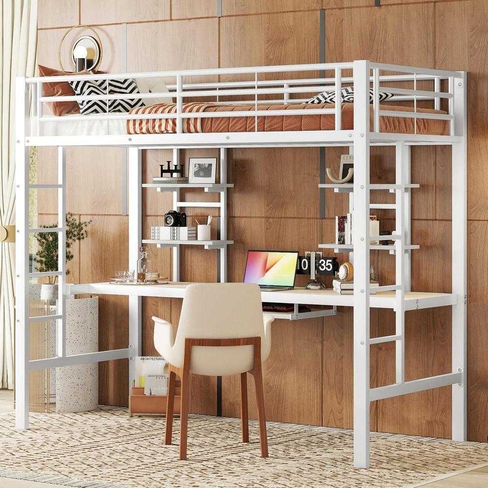 Cama altillo metálica 90x200cm con escritorio y estanterías blanca