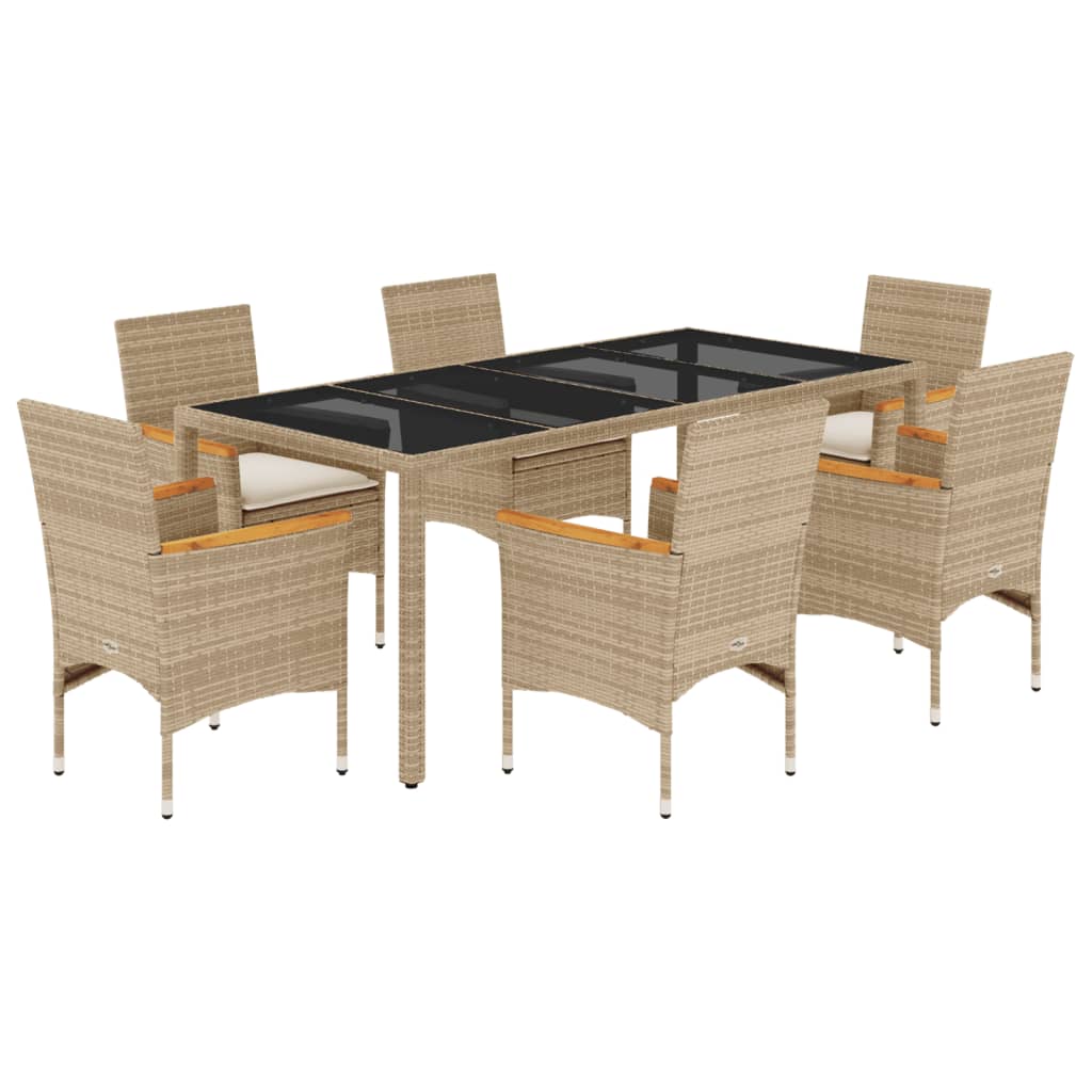 vidaXL set comedor jardín 7 pzas cojines ratán sintético vidrio beige