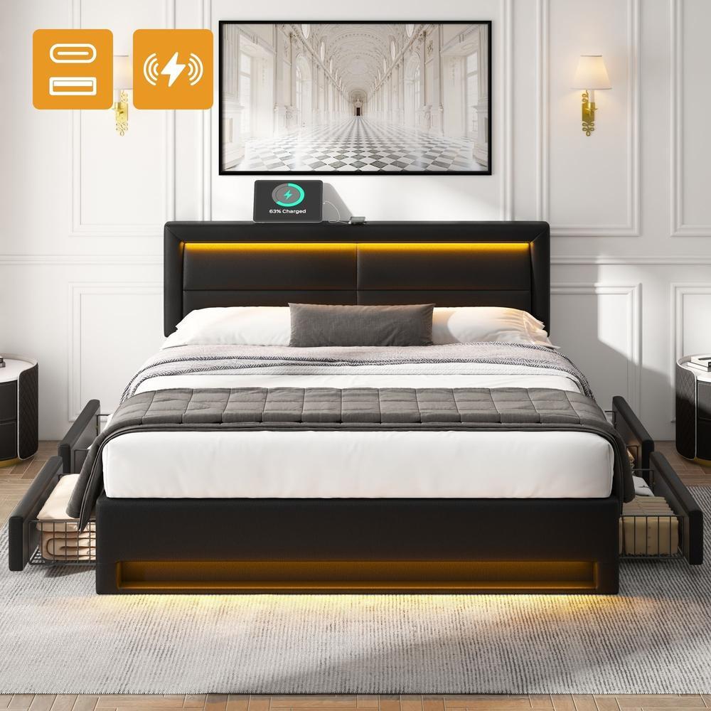 Cama doble 140x200cm con usb, carga inalámbrica, 4 cajones, negra