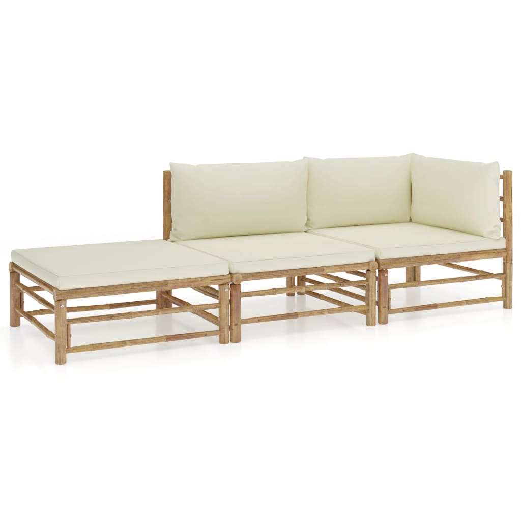 vidaXL set de muebles de jardín 3 piezas bambú y cojines blanco crema