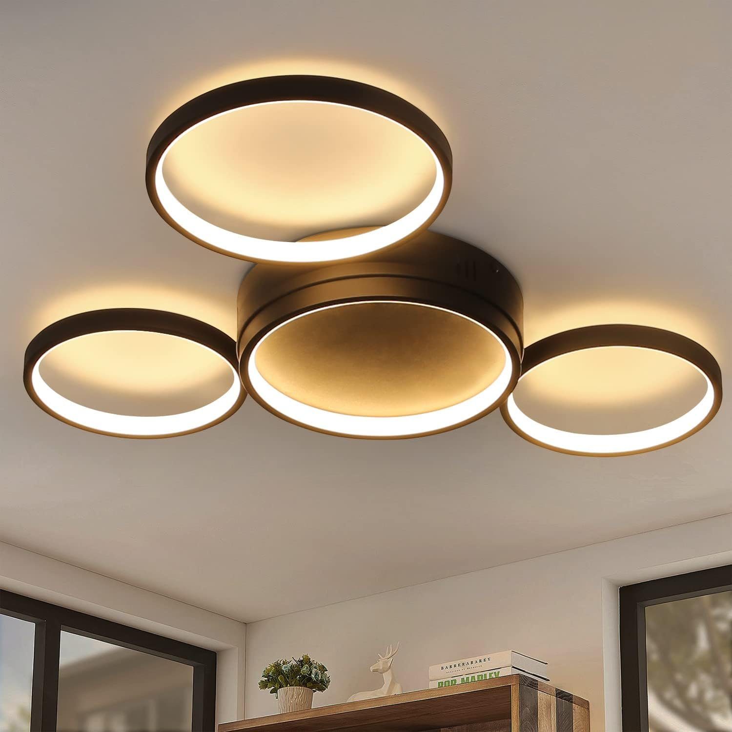 Nettlife lámpara de techo LED negro cálido 29w moderna con 4 anillos