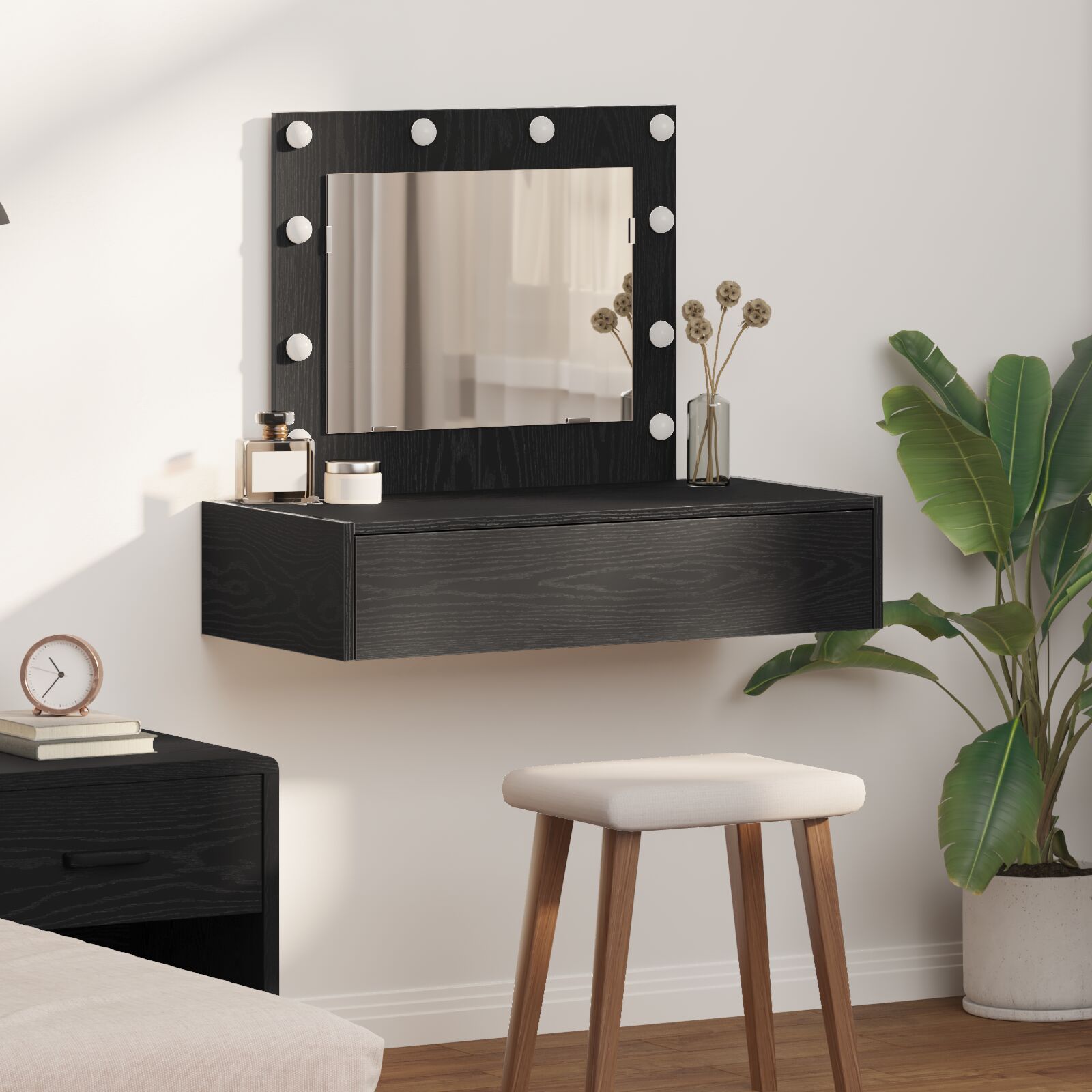 Mesa de tocador montada en la pared con luces LED en roble negro oif594084