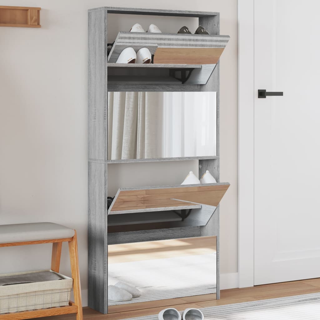 Mueble zapatero con espejo 4 niveles gris sonoma 63x17x134 cm
