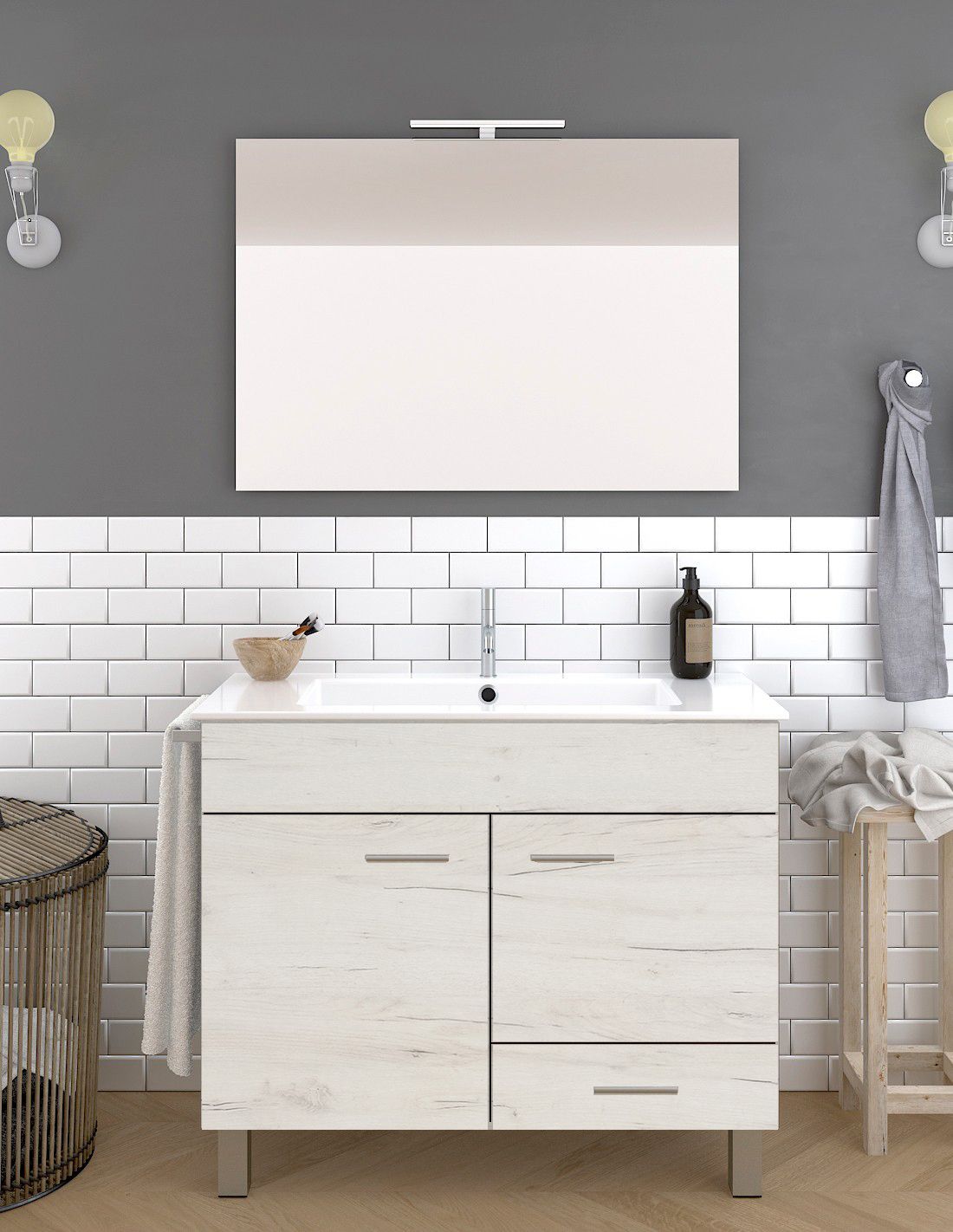 Mueble de baño samos, lavabo dos senos y espejo 120x45cm blanco nórdico