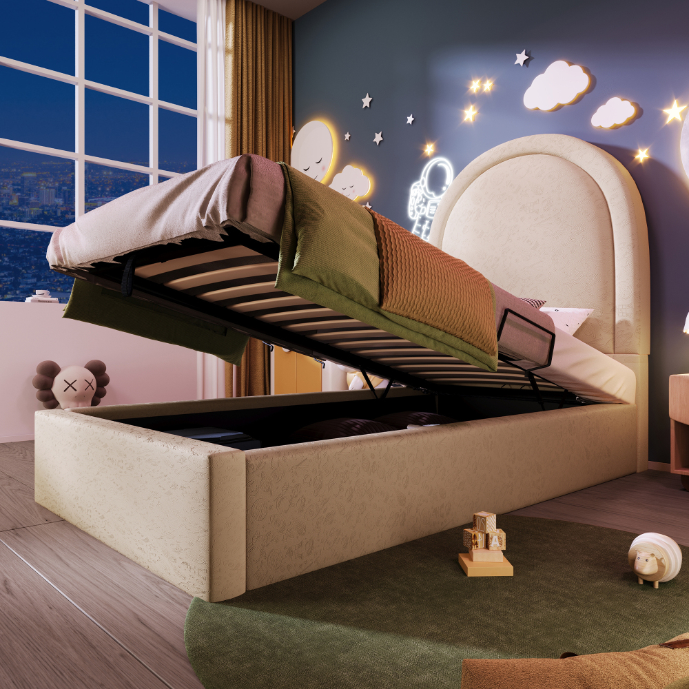 Cama individual tapizada 90x190cm con canapé hidráulico pu – beige