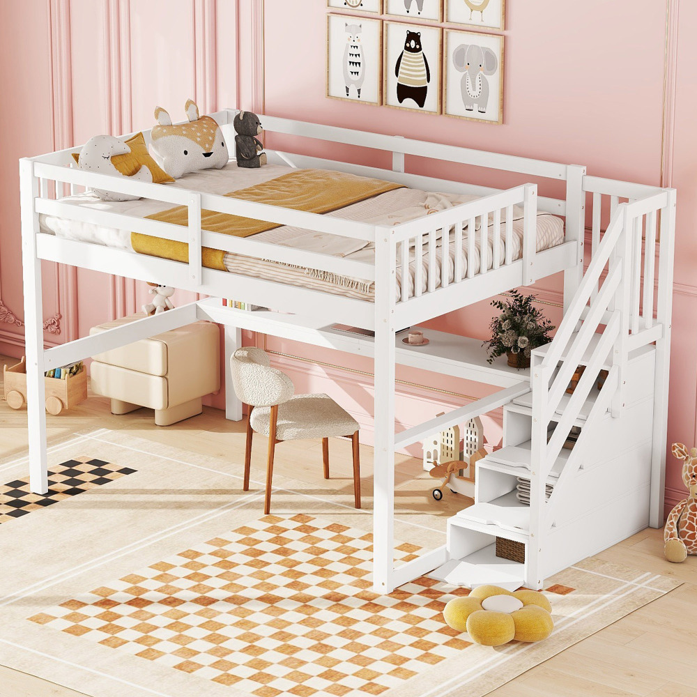 Cama alta 140x200cm con escritorio y almacenaje madera – blanco