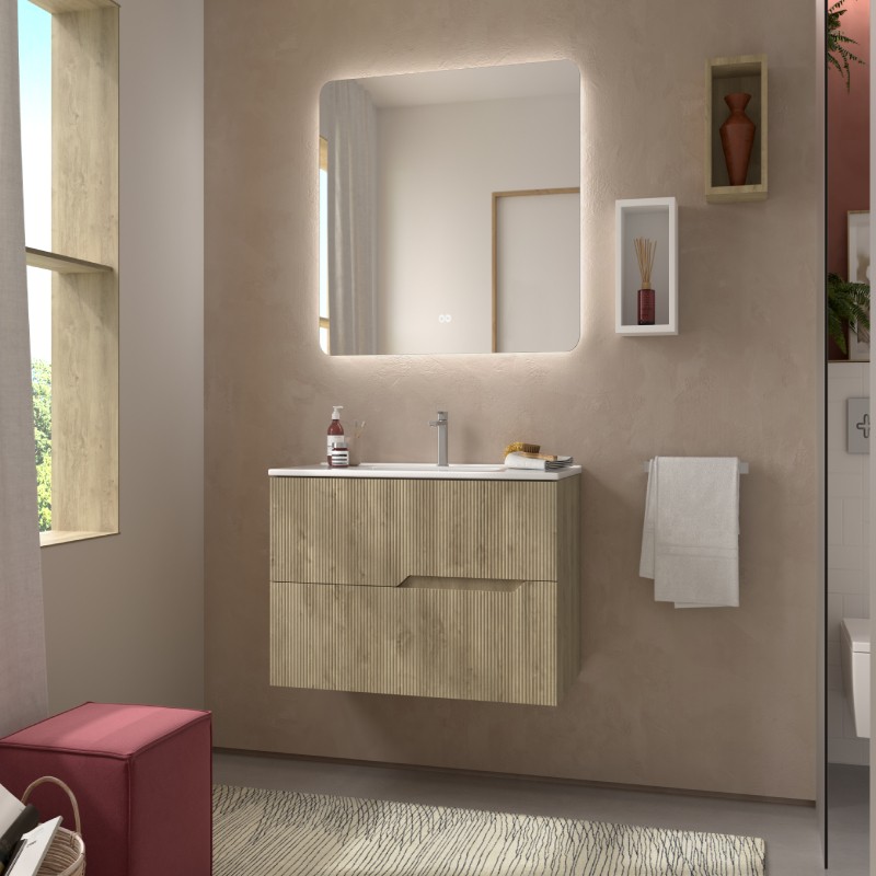 Mueble de baño suspendido bamboo 70 cm roble natural con lavabo y 2 cajones