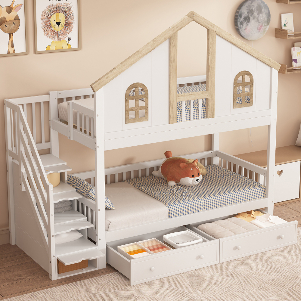 Litera 90x200cm con escalera y 2 cajones madera y mdf – blanco y natural