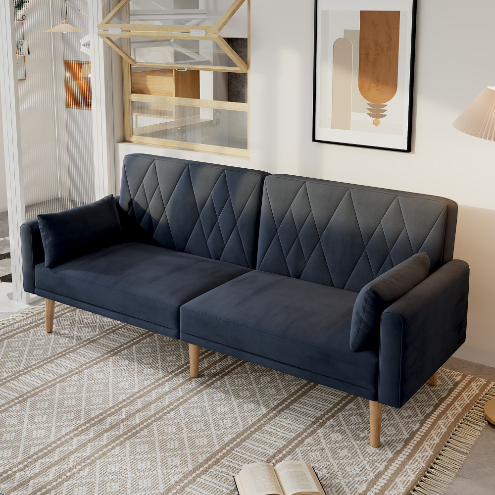Sofá cama 2 plazas terciopelo negro respaldo ajustable con 2 cojines