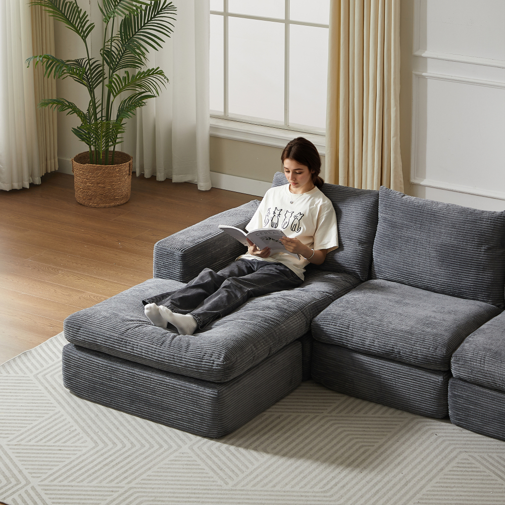 Sofá chaise longue modular pana gris oscuro 4 plazas con 3 cojines