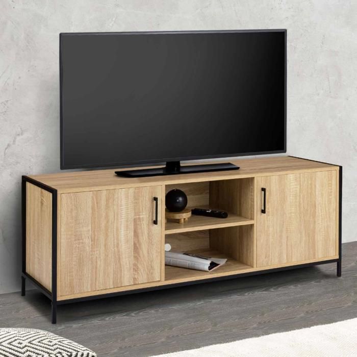 Mueble tv 140 cm - diseño industrial - 2 puertas - metal y madera