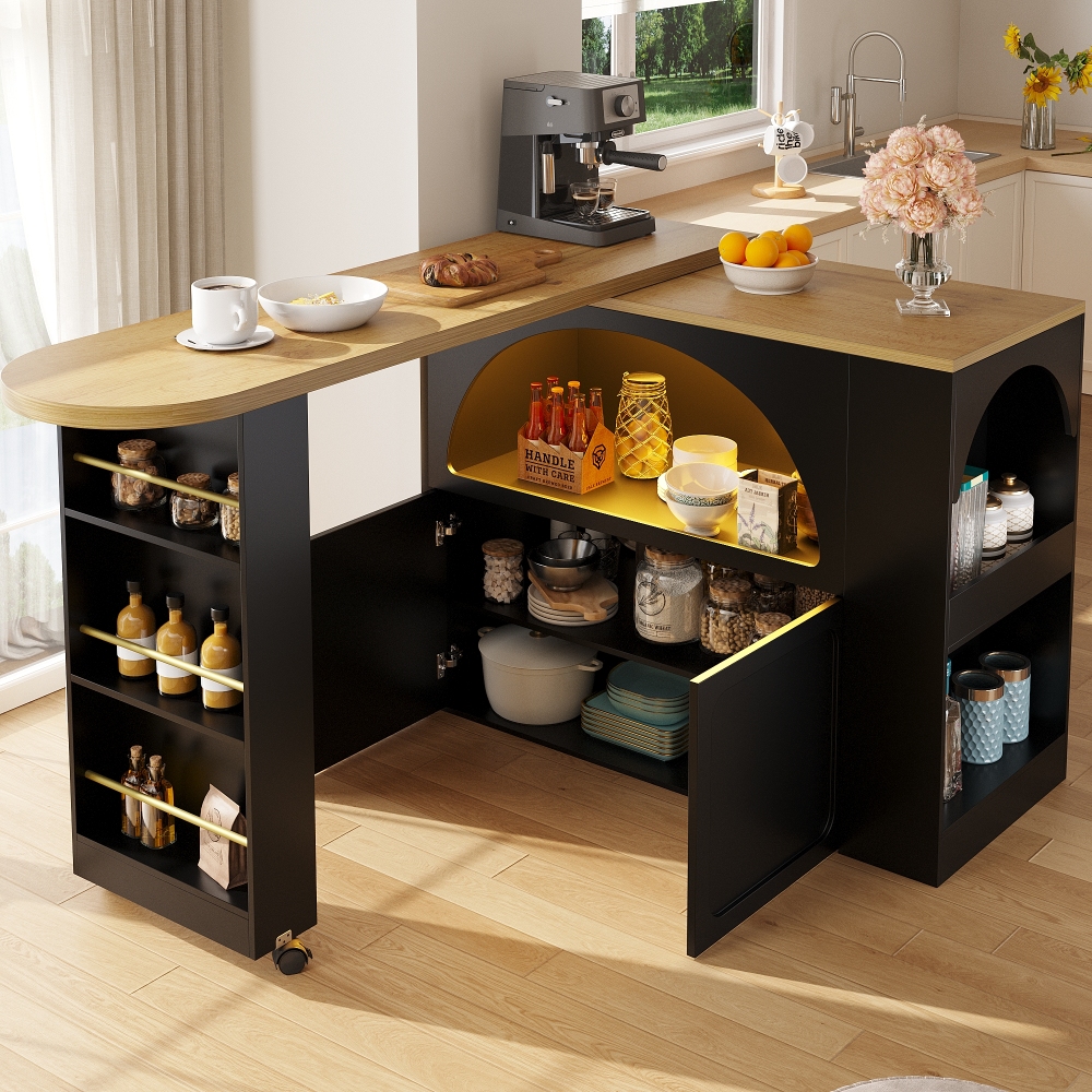 Isla de cocina extensible con LED y almacenaje mdf negro 100x135-205x39cm