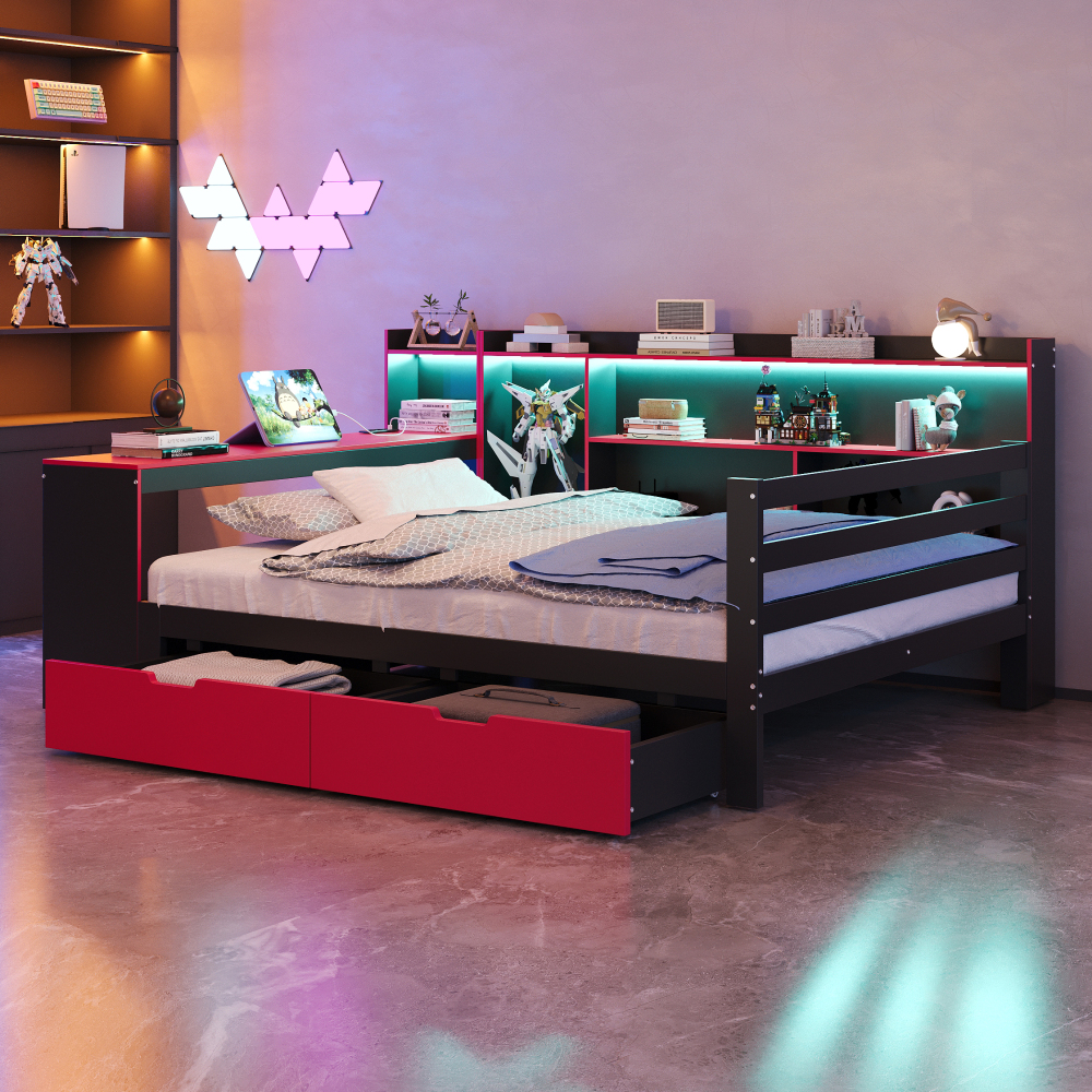 Sofá cama 140x200cm con escritorio, estantes y LED madera – negro y rojo