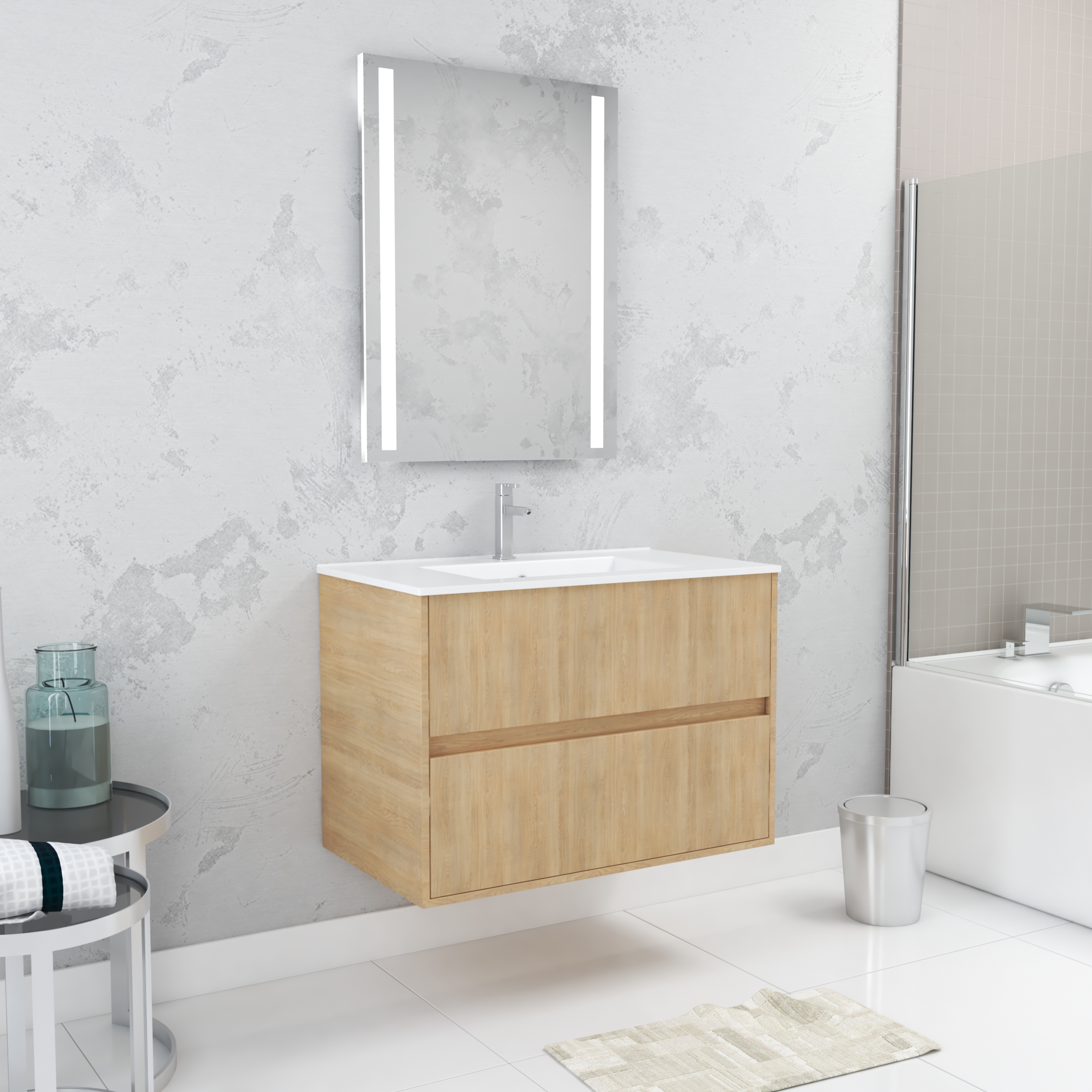 Pack mueble baño 80 cm roble claro 2 cajones + lavabo + LED