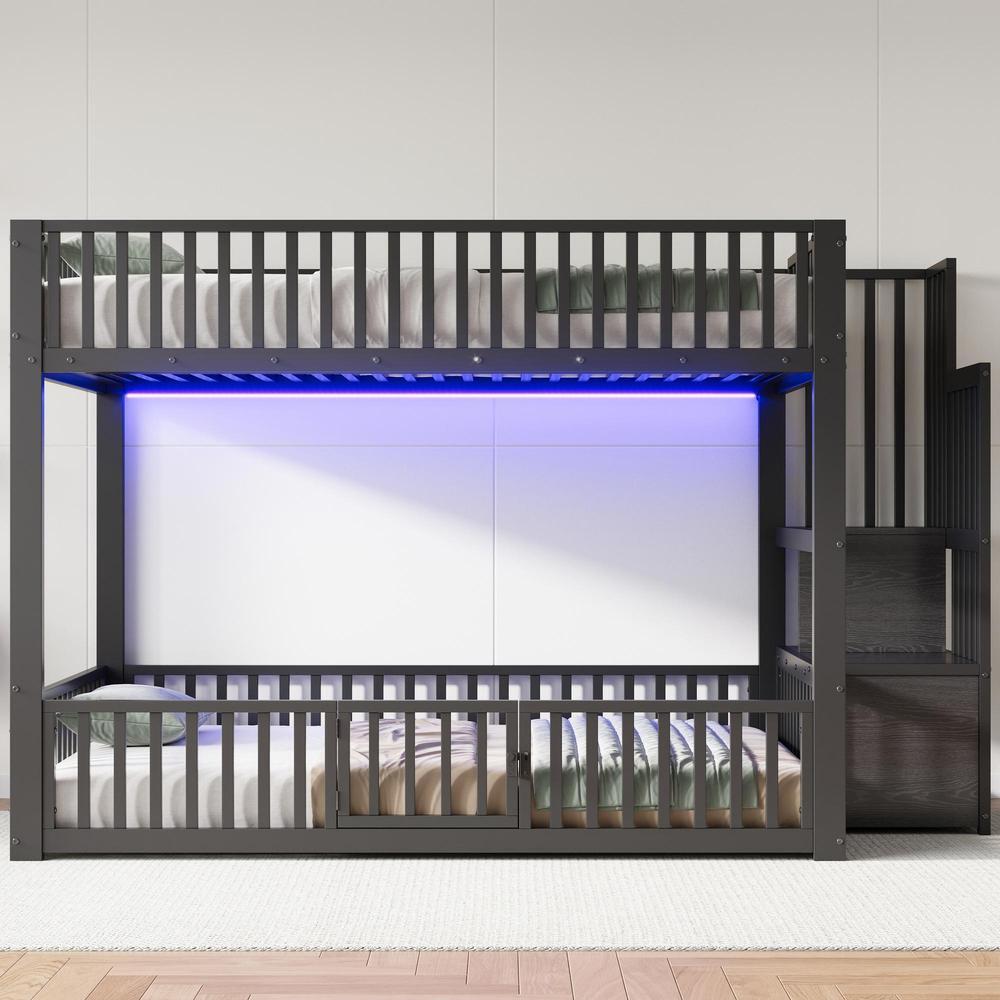 Cama litera metálica 140x200cm con LED, escalera y cajón negro