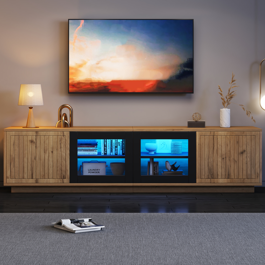 Mueble de tv con 4 puertas LED madera natural y negro 45x180x40cm