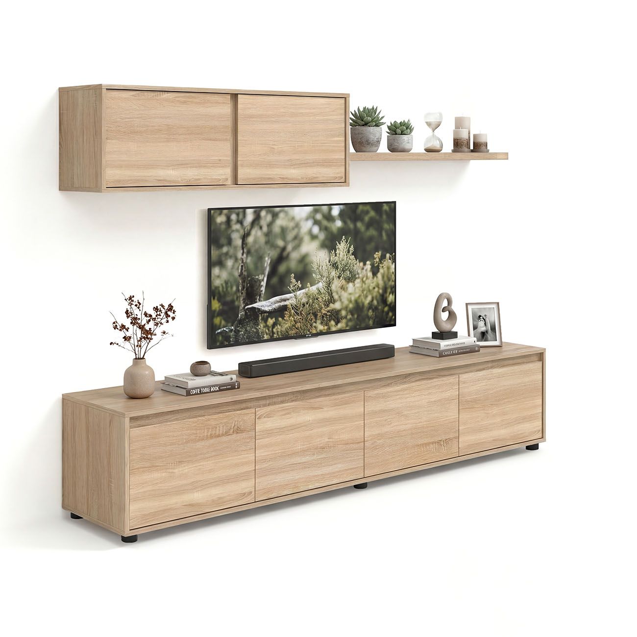 Salón con mueble de tv y estantería 200 cm arlet roble canadian