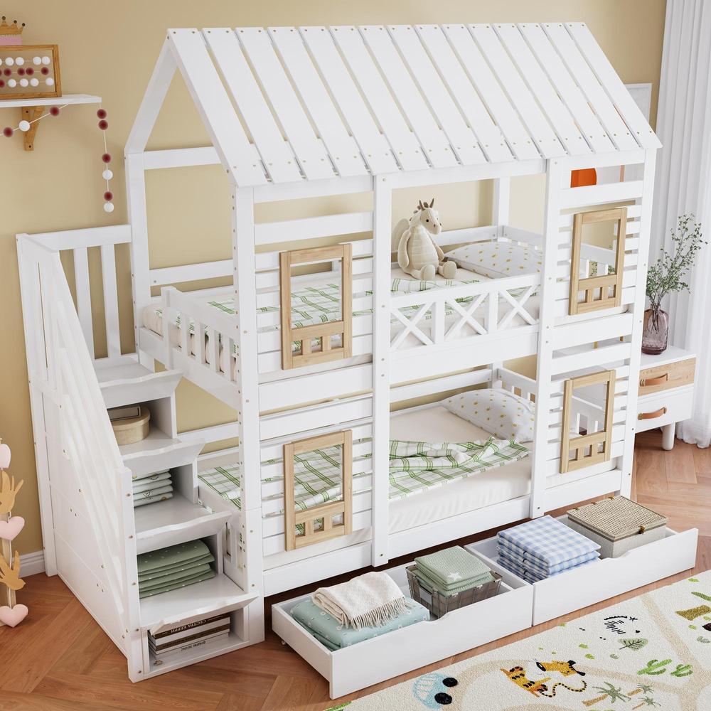 Litera infantil con 2 cajones y escalera 90x200cm blanco natural