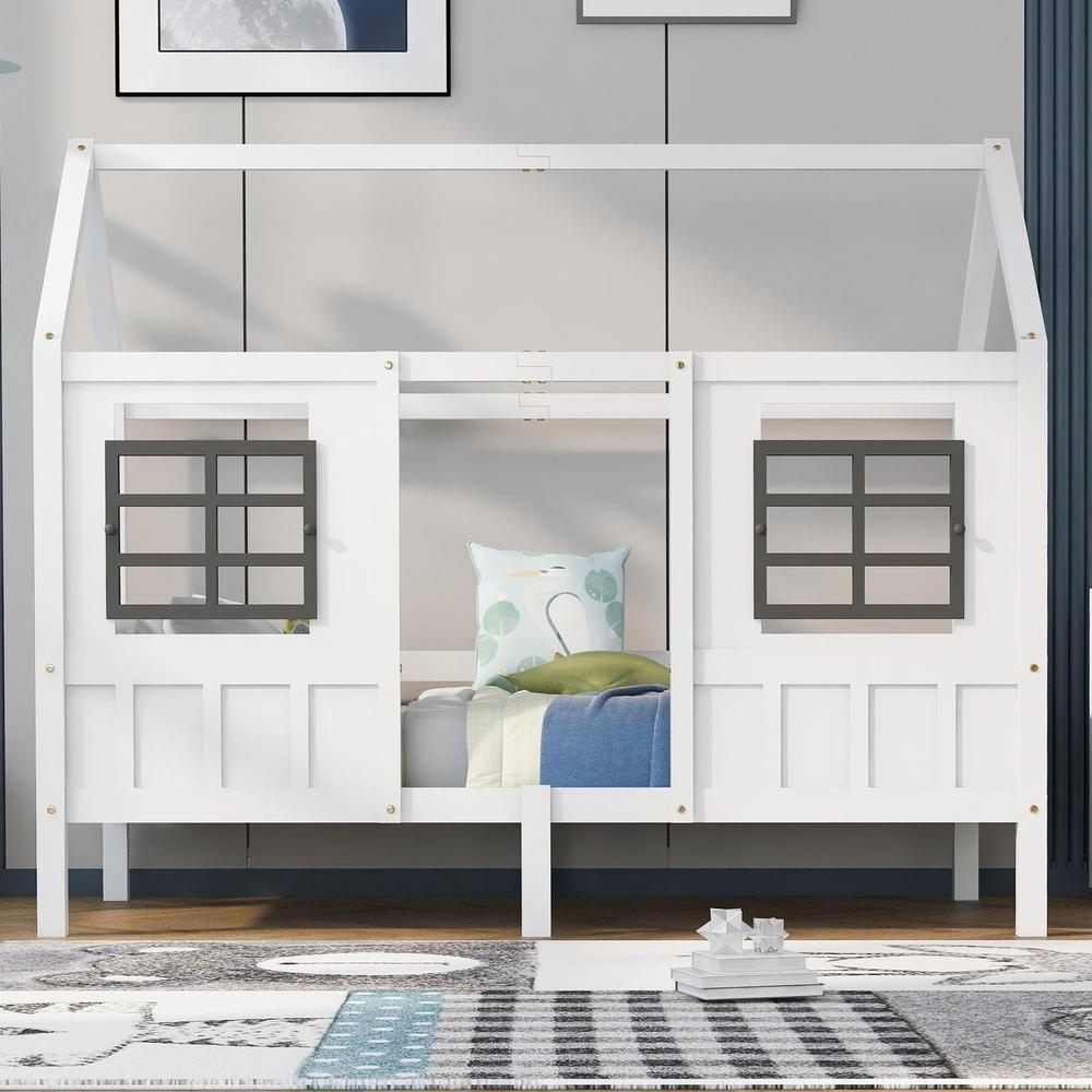 Cama casa infantil con ventanas seguridad 90x200cm blanco