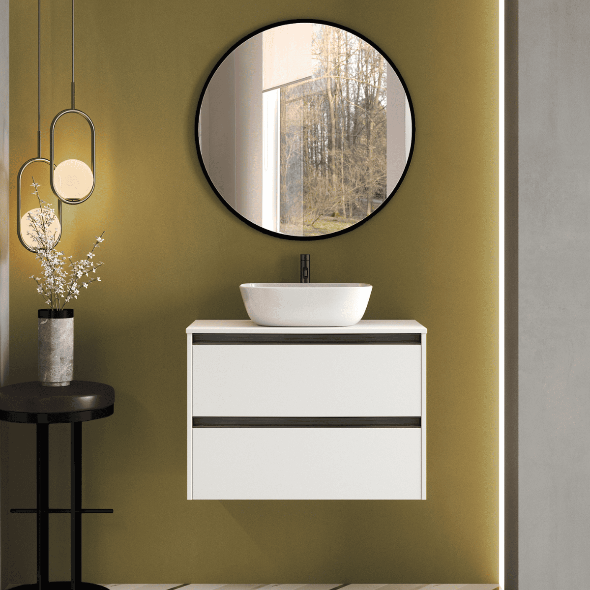 Mueble baño f.red. | lavabo sob. | 2 cajones | 60 cm blanco mate tir. Negro