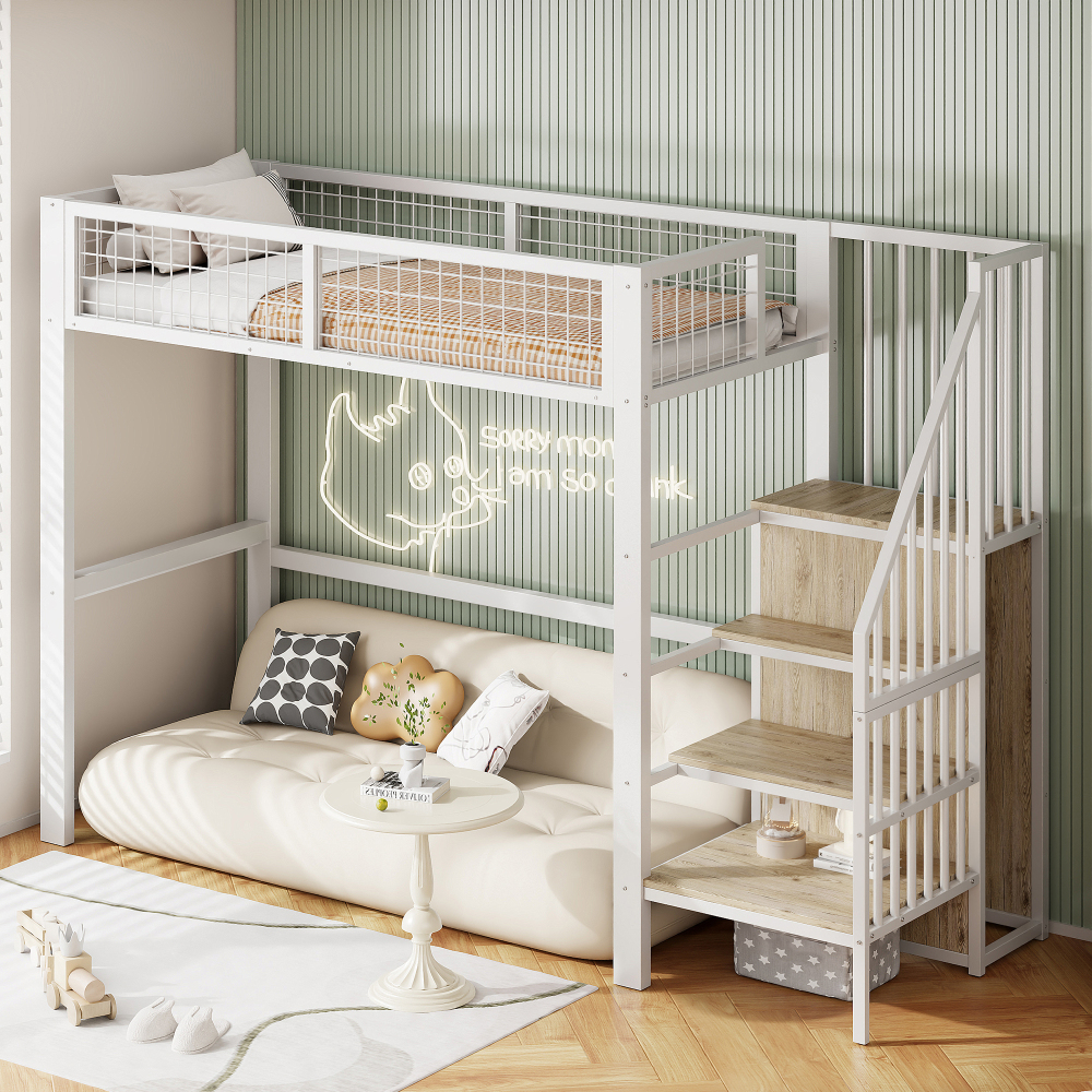 Cama alta metálica 90x200cm con estantes y armario – blanco
