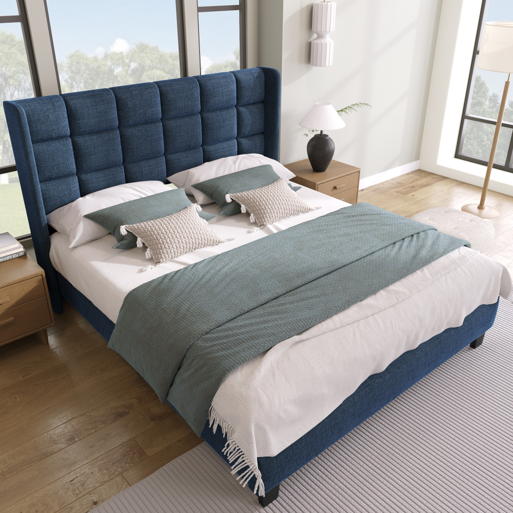 Cama de Matrimonio Tapizada 140x200cm con Cabecero Alto y Somier, Lino Azul