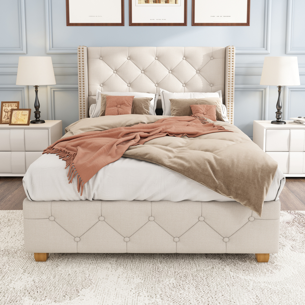 Cama tapizada 90x200cm con cabecero acolchado lino – beige