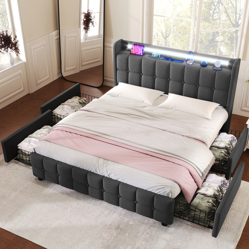 Cama tapizada 140x200 cm con LED, usb y 4 cajones madera – color gris