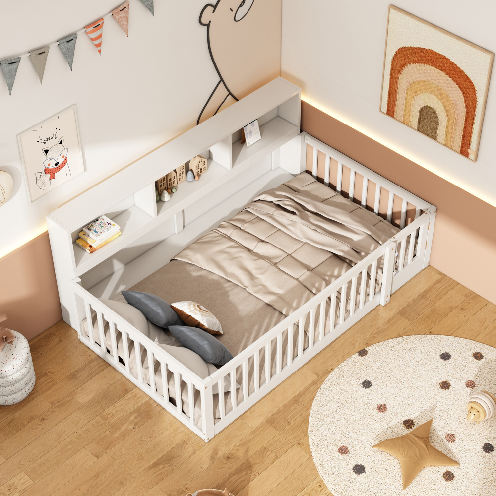 Cama individual 90x200cm barandilla y estantes laterales pino+mdf – blanco