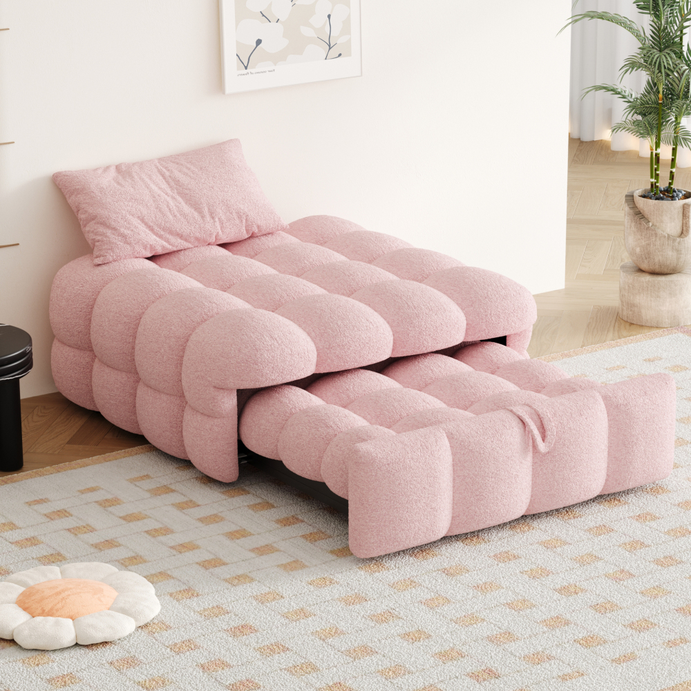 Sofá cama individual 183x76cm, cama convertible 2 en 1 tela teddy rosa