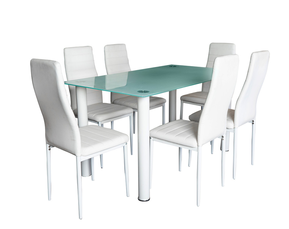 Conjunto de cristal mesa temaplado 140x80cm y 6 sillas color blanco