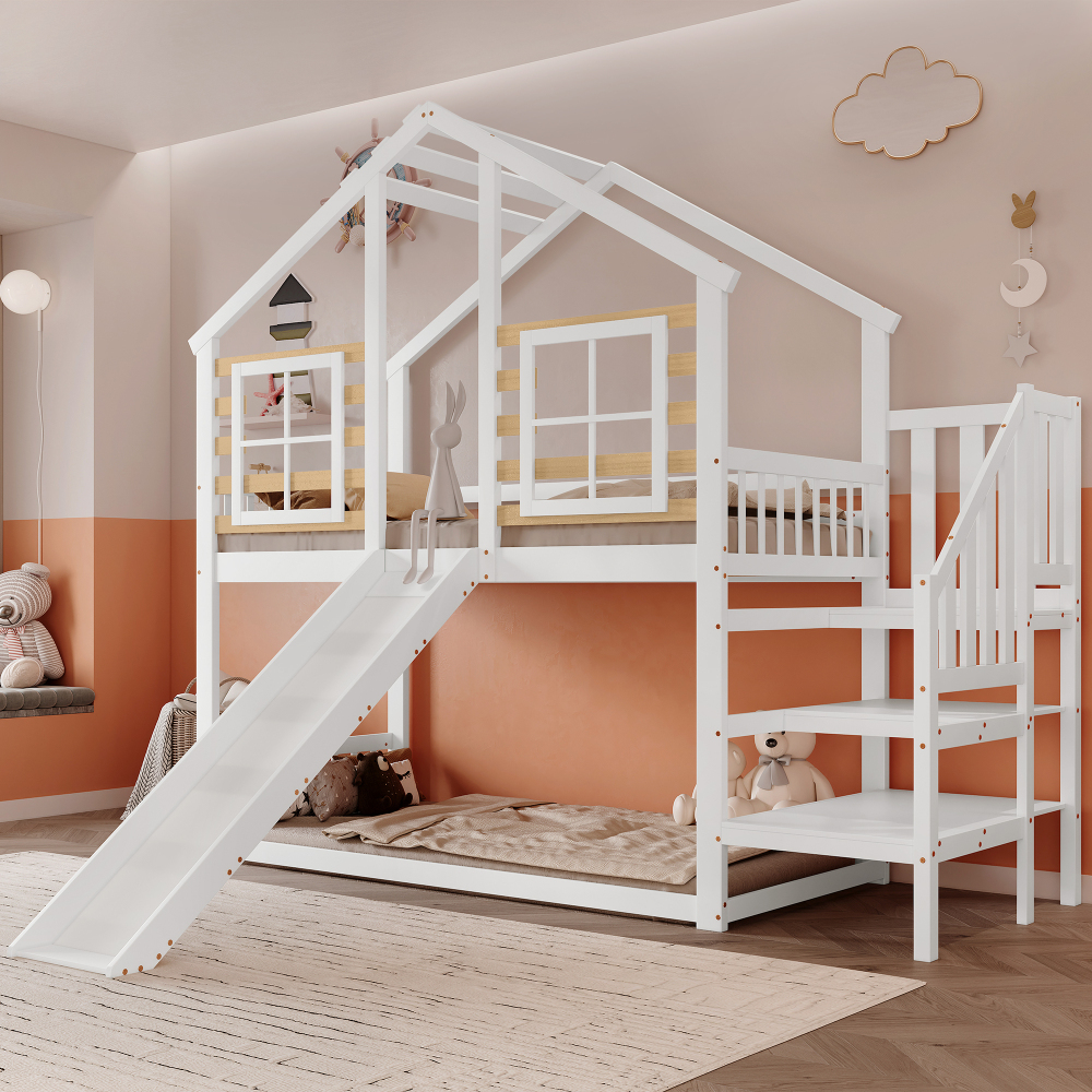 Litera 90x200cm con escalera, barandilla y tobogán madera maciza – blanco