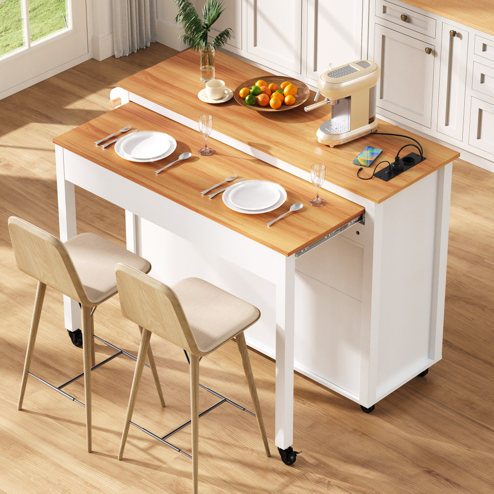 Isla de cocina móvil con encimera extensible blanca 92x120x40-75cm