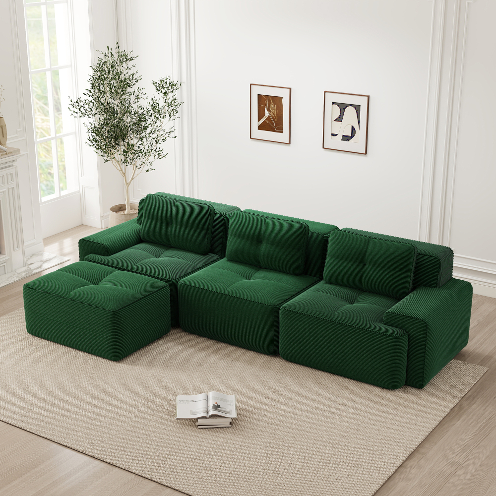 Sofá modular en l de pana verde 3 plazas con otomana y diseño sin montaje
