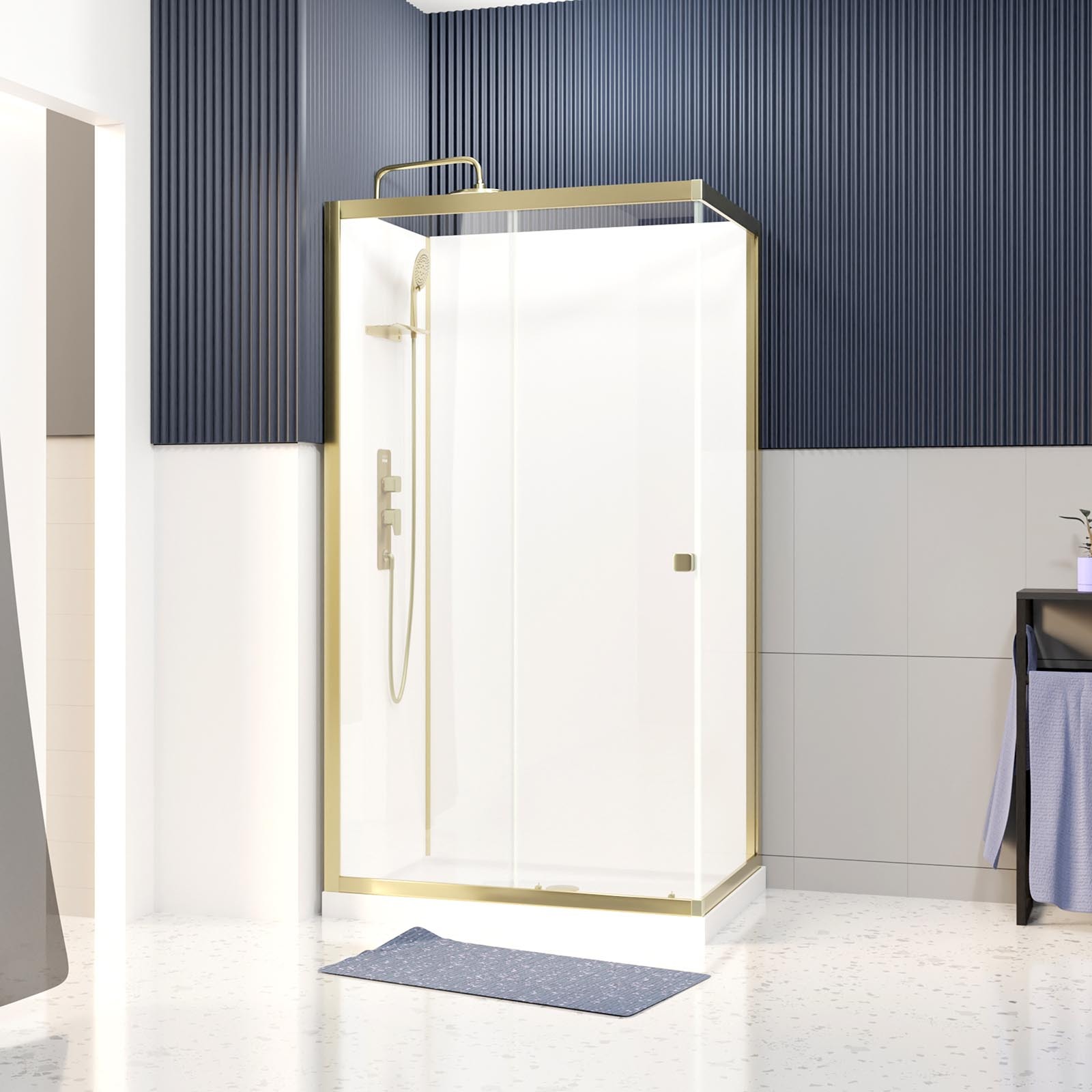 Cabina de ducha rectangular 110x80 - plato bajo - blanco y oro cepillado