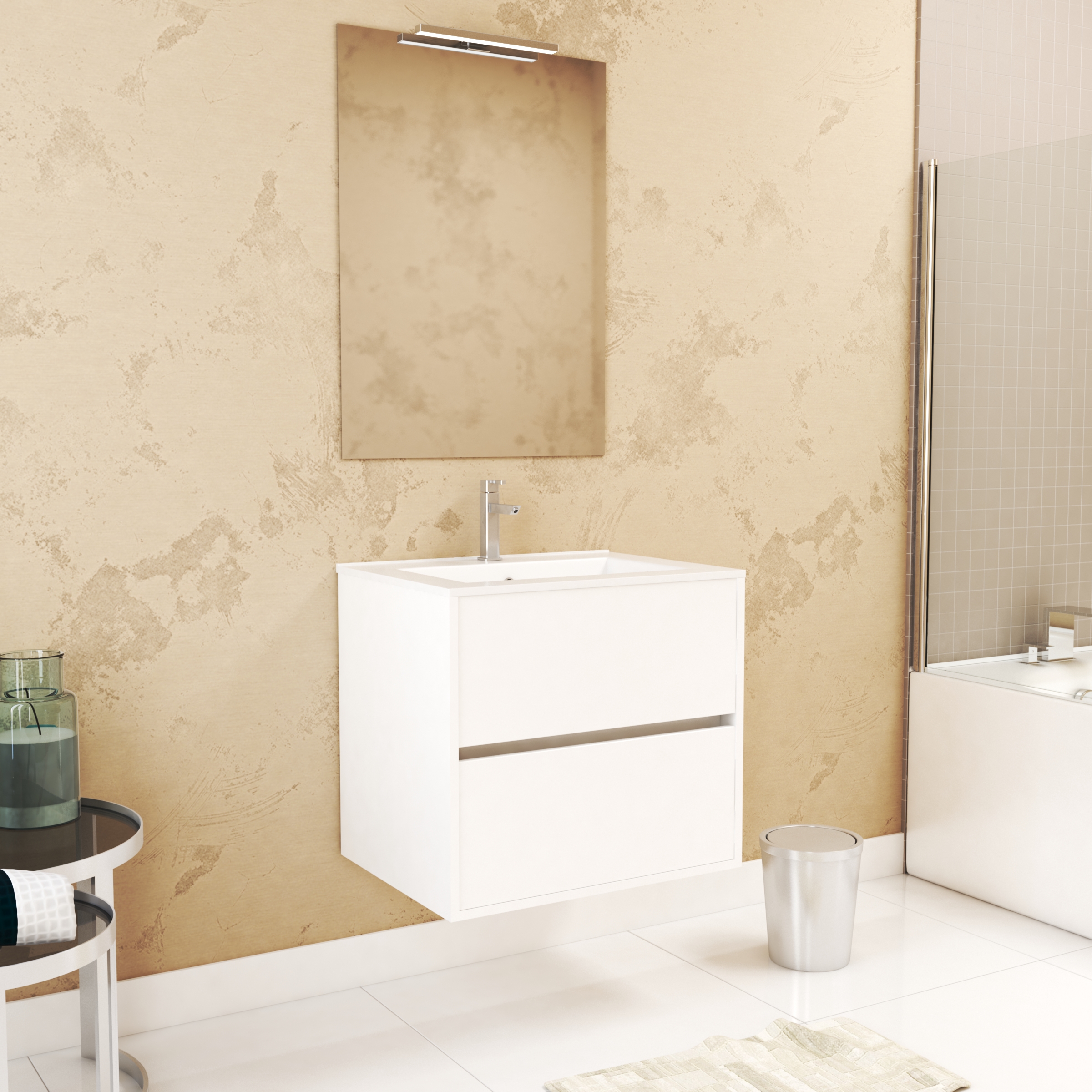 Pack mueble 60 cm blanco 2 cajones lavabo espejo 60x80 + LED