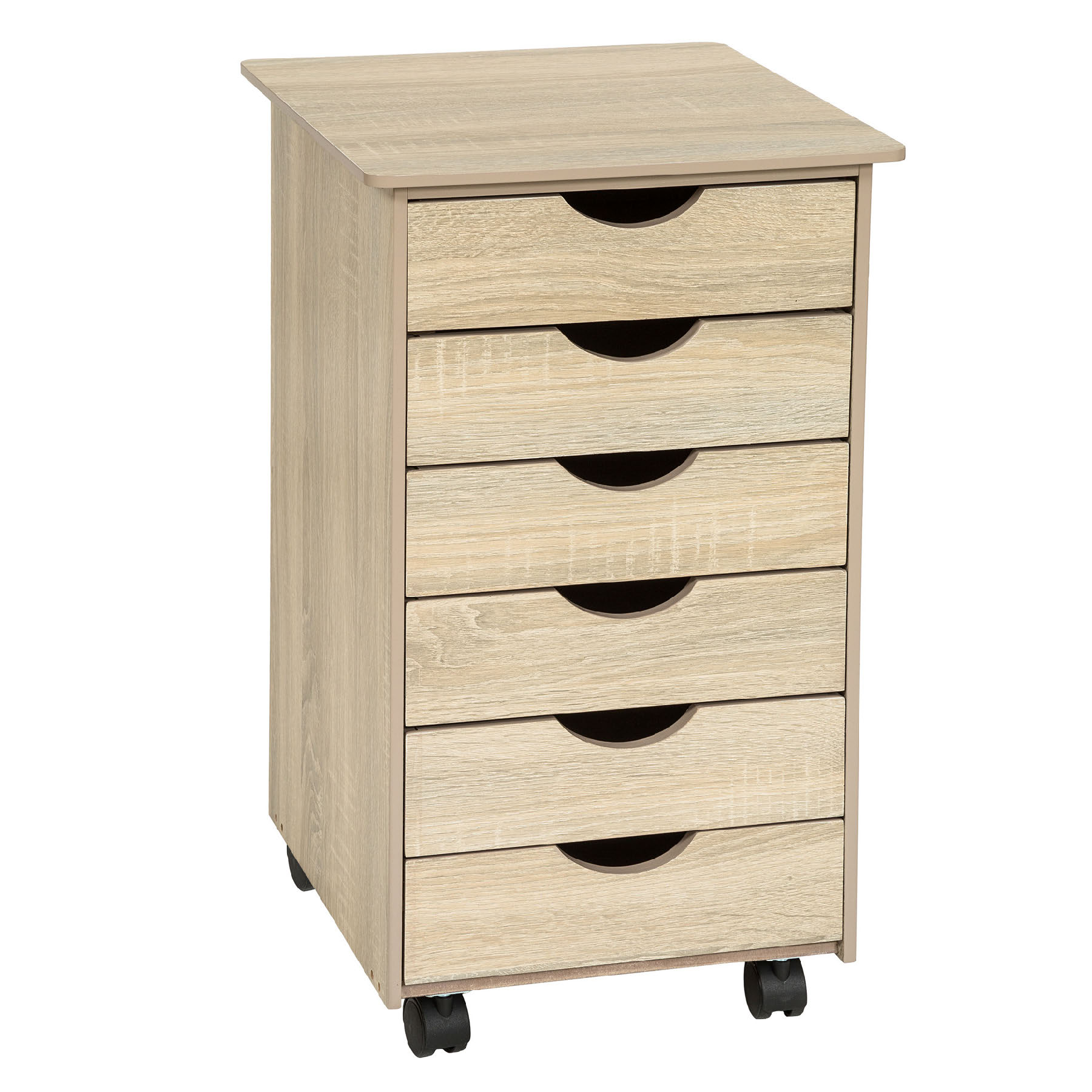 Cajonera de madera con ruedas y 6 cajones 65x36x40 cm madera clara