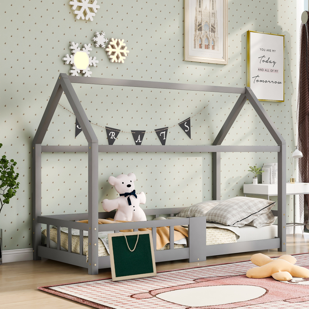 Cama casita infantil 90x200cm con pizarra y barandilla pino – gris
