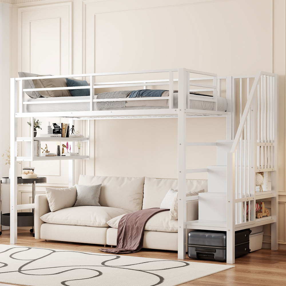 Cama alta 90x200cm con estantes, almacenamiento y barra metal y mdf blanco