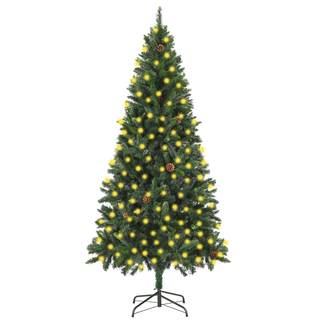 vidaXL árbol de navidad artificial iluminado con luces y piñas 210 cm
