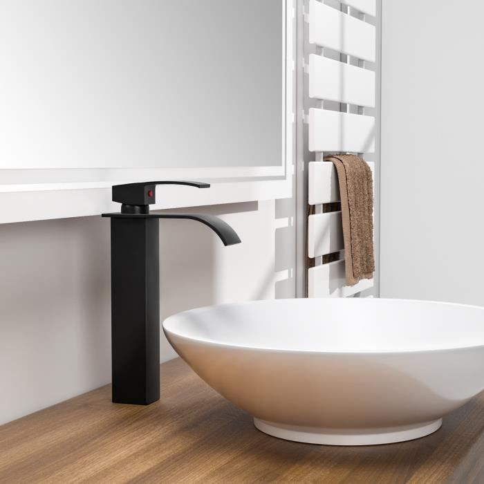 Mezclador de lavabo en cascada negro grifo para lavabo de sobre encimera cu