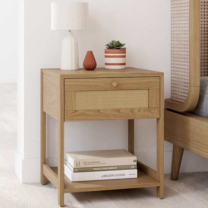 Mesitas de noche vintage madera clara con ratán - lote 2 - 40 cm