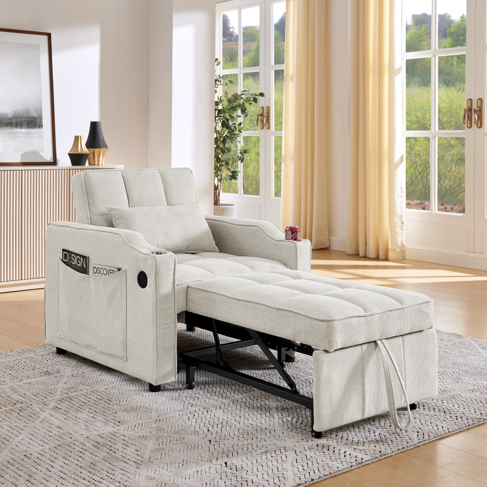 Sillón cama 3 en 1 beige con usb y respaldo ajustable