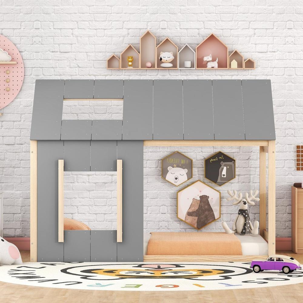 Cama infantil casa 90x200cm con techo y ventanas gris