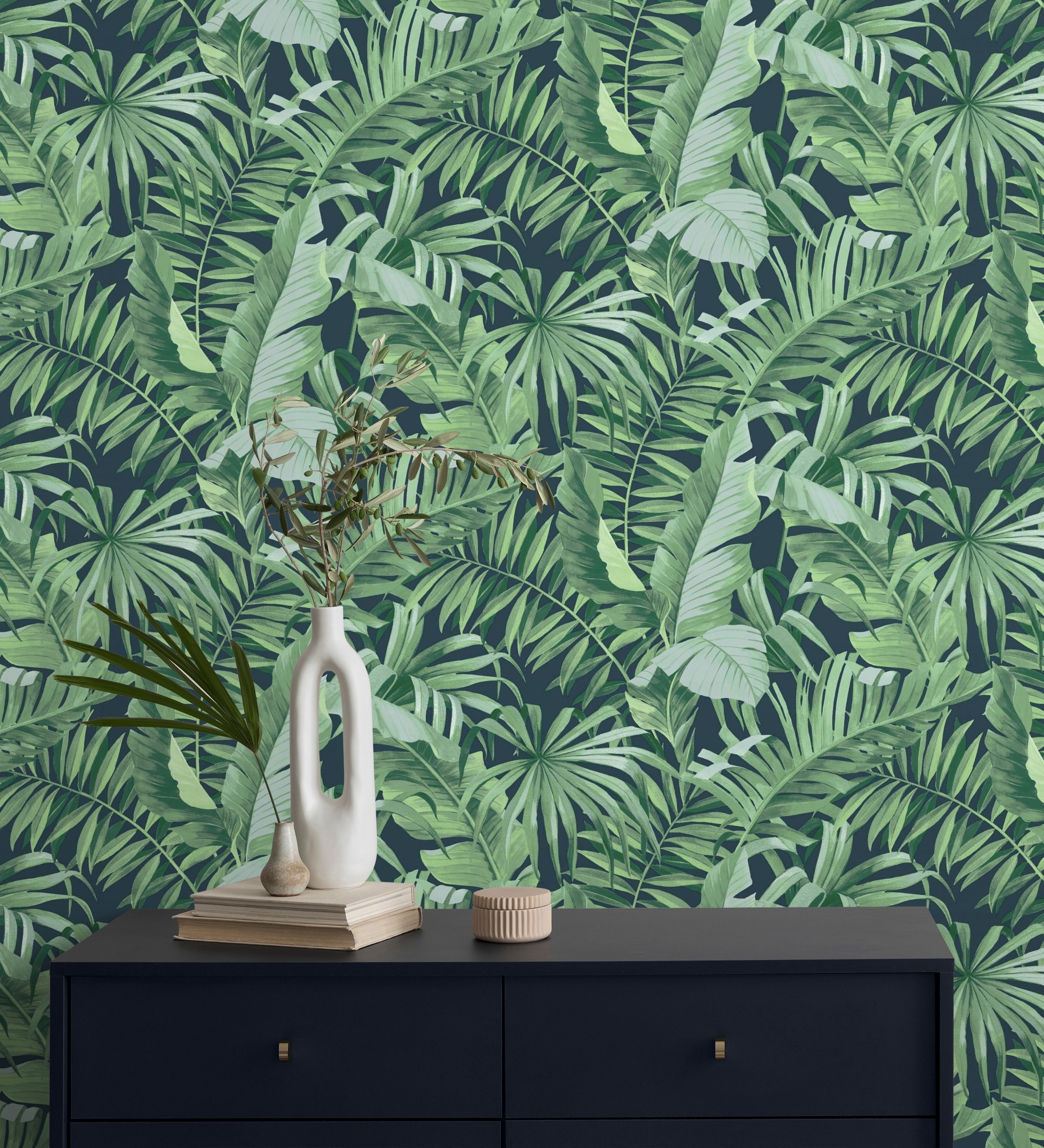 Papel pintado gaulan lavable de hojas tropicales verde azul 5.33m²