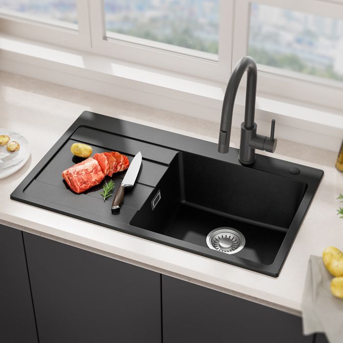 Fregadero de cocina negro de granito 78x45cm - fregadero de 1 cubeta