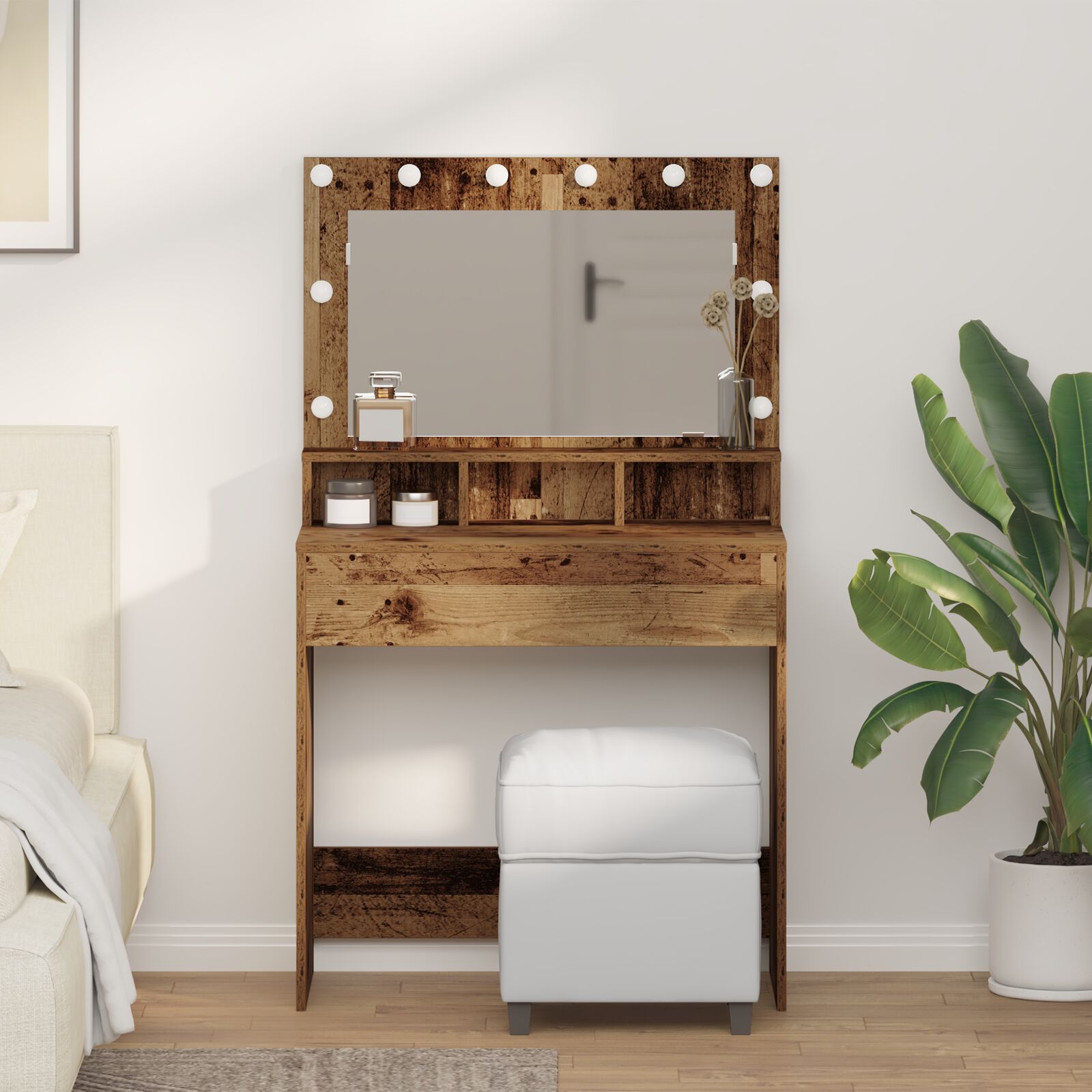 Mesa de tocador con luces LED de madera antigua 79x41x135 cm oif267946