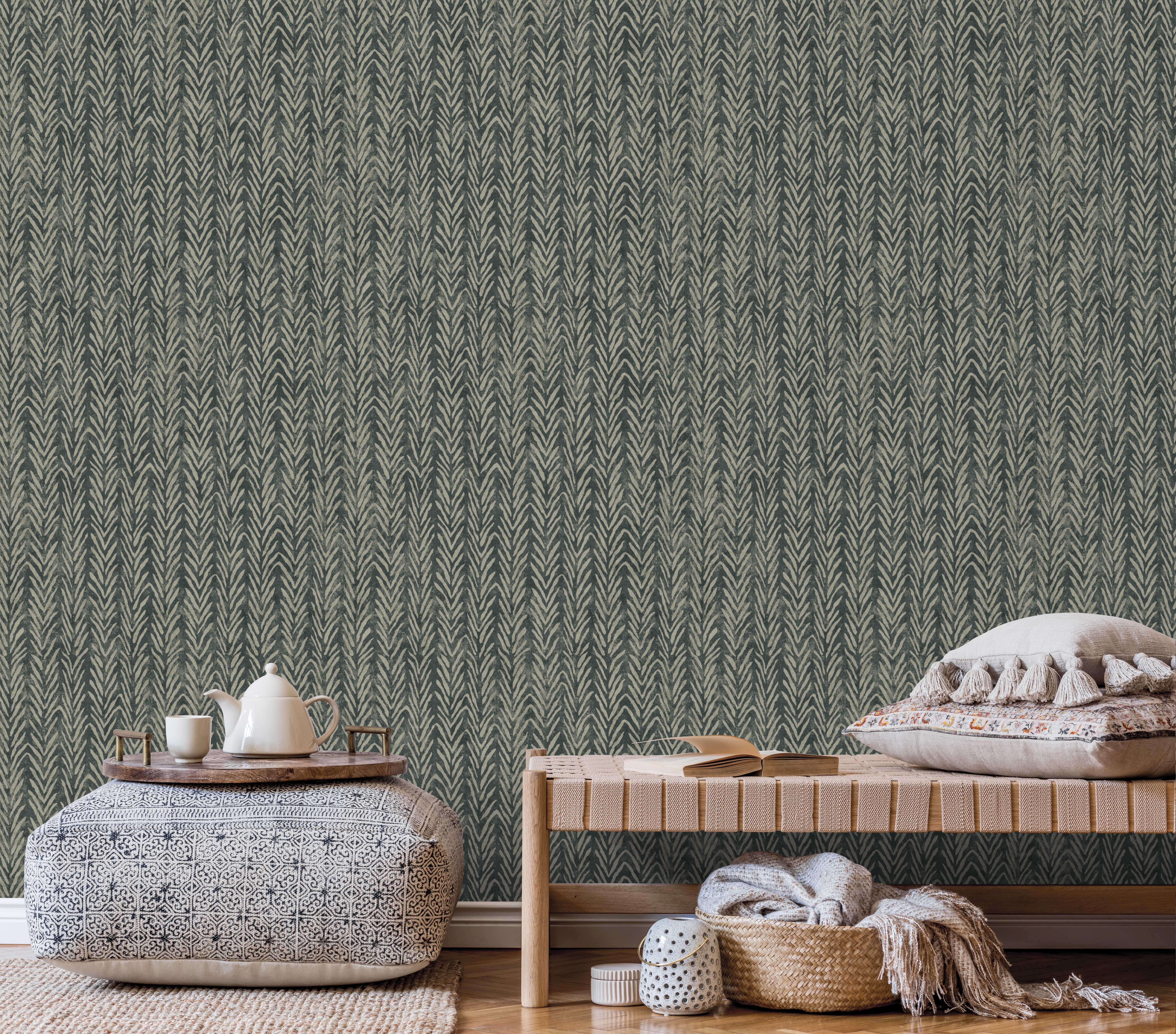 Papel pintado texturizado etnico tnt espigas verde oscuro
