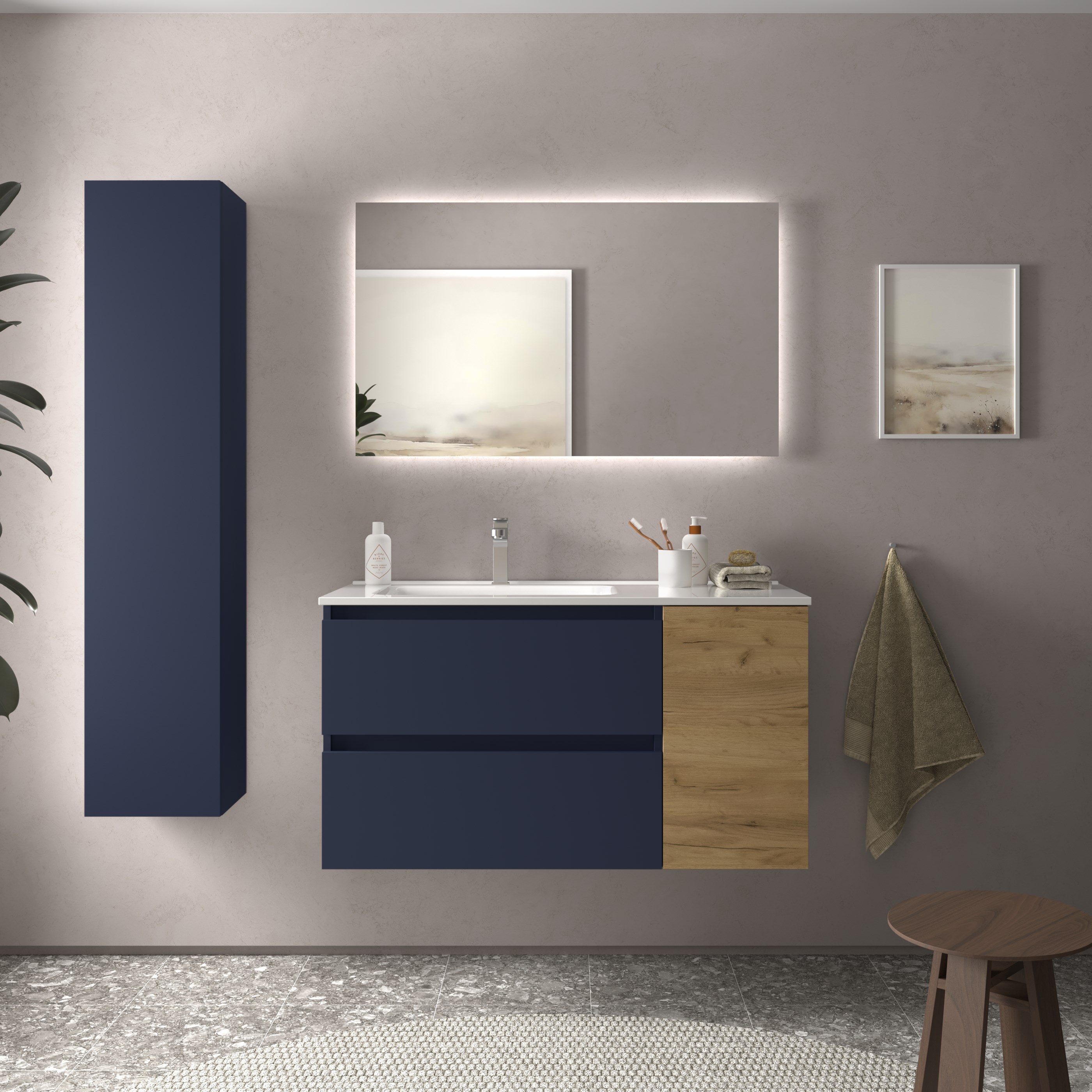 Mueble baño bequia 90cm + coqueta derecha + lavabo cerámica| azul/ roble