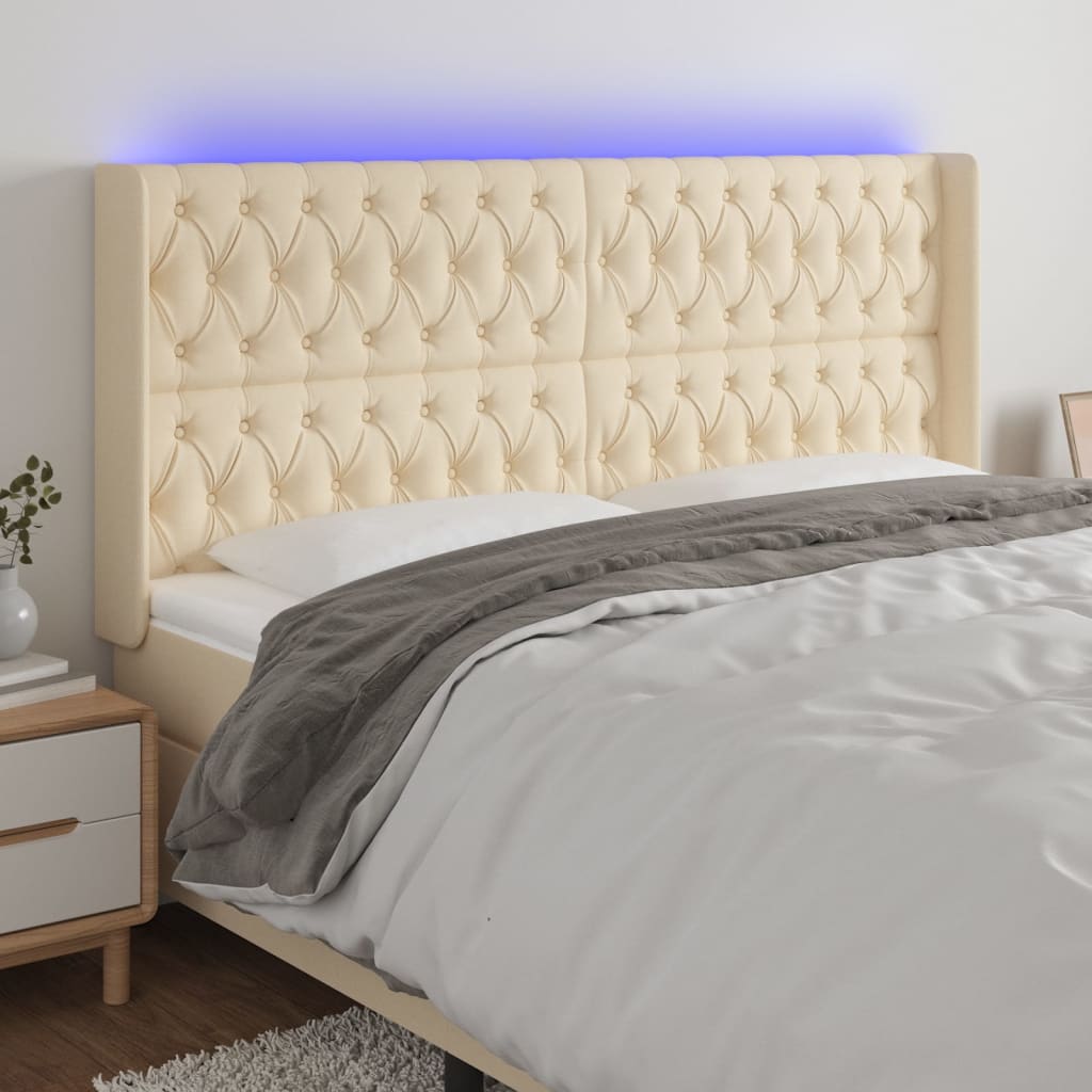 Cabecero con LED de tela color crema 183x16x118/128 cm